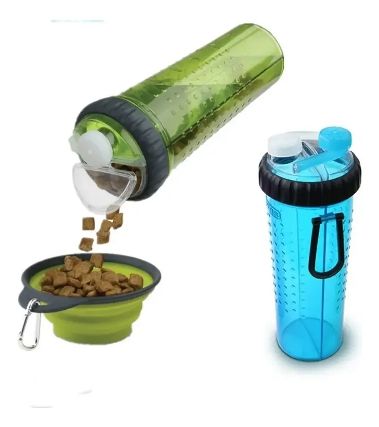 Botella Doble Portátil Agua Comida Perros con Plato Plegable Azul